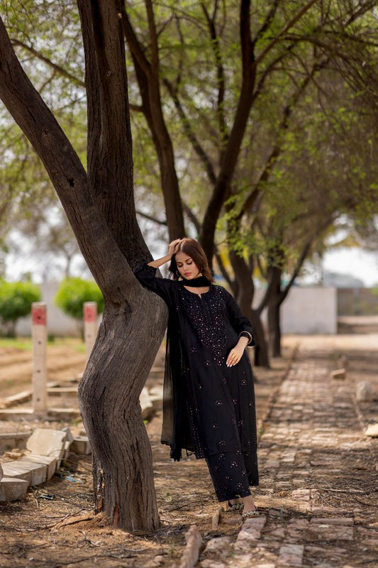 Black Mukesh Chikankari Set - MaisonDuModa 3 Piece Dress