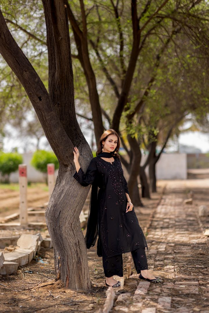 Black Mukesh Chikankari Set - MaisonDuModa 3 Piece Dress