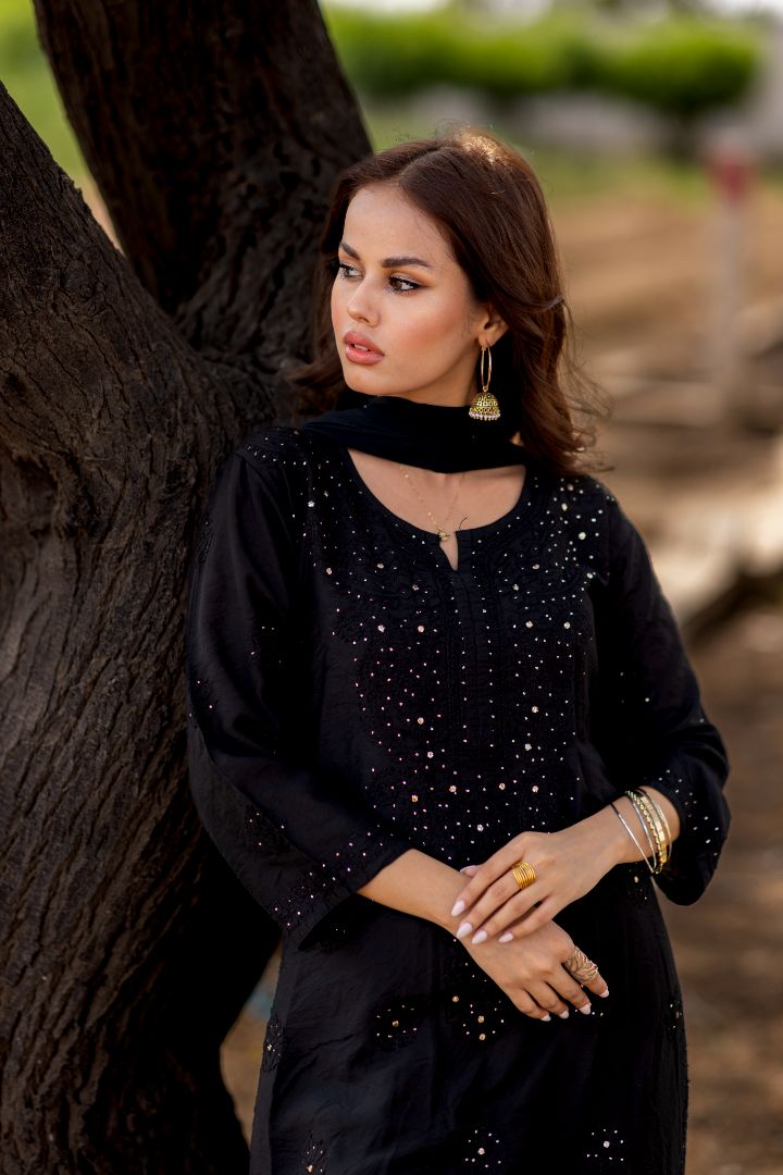 Black Mukesh Chikankari Set - MaisonDuModa 3 Piece Dress