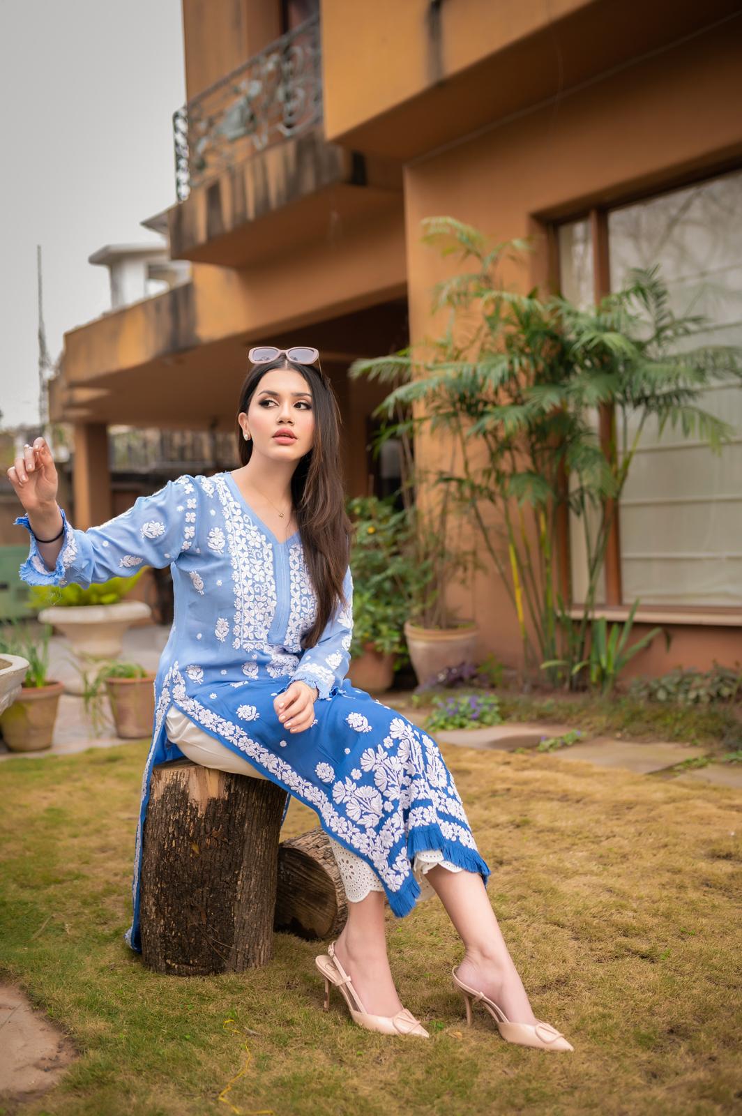 Ombre Blue Chikankari Kurta - MaisonDuModa