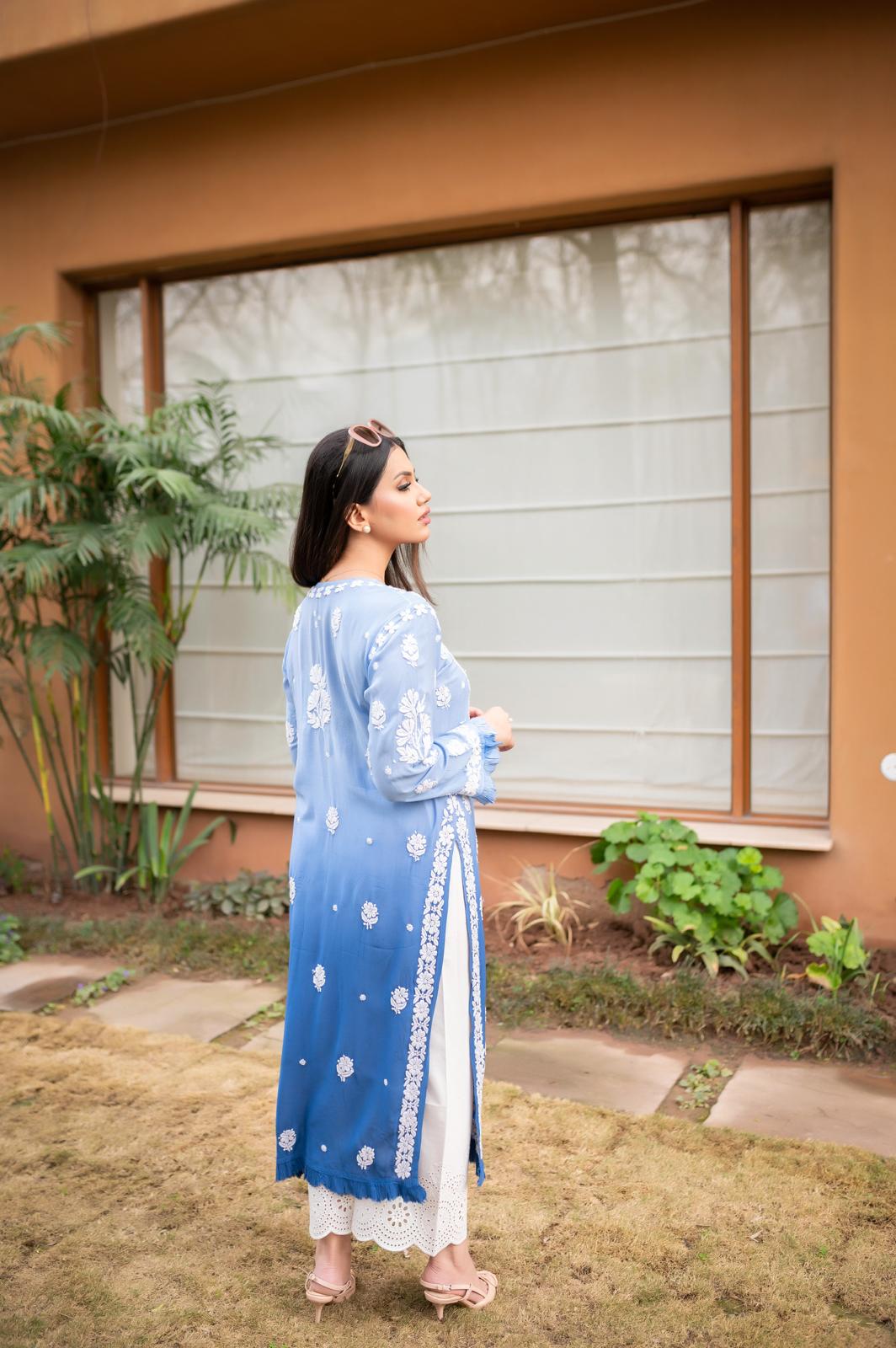 Ombre Blue Chikankari Kurta - MaisonDuModa