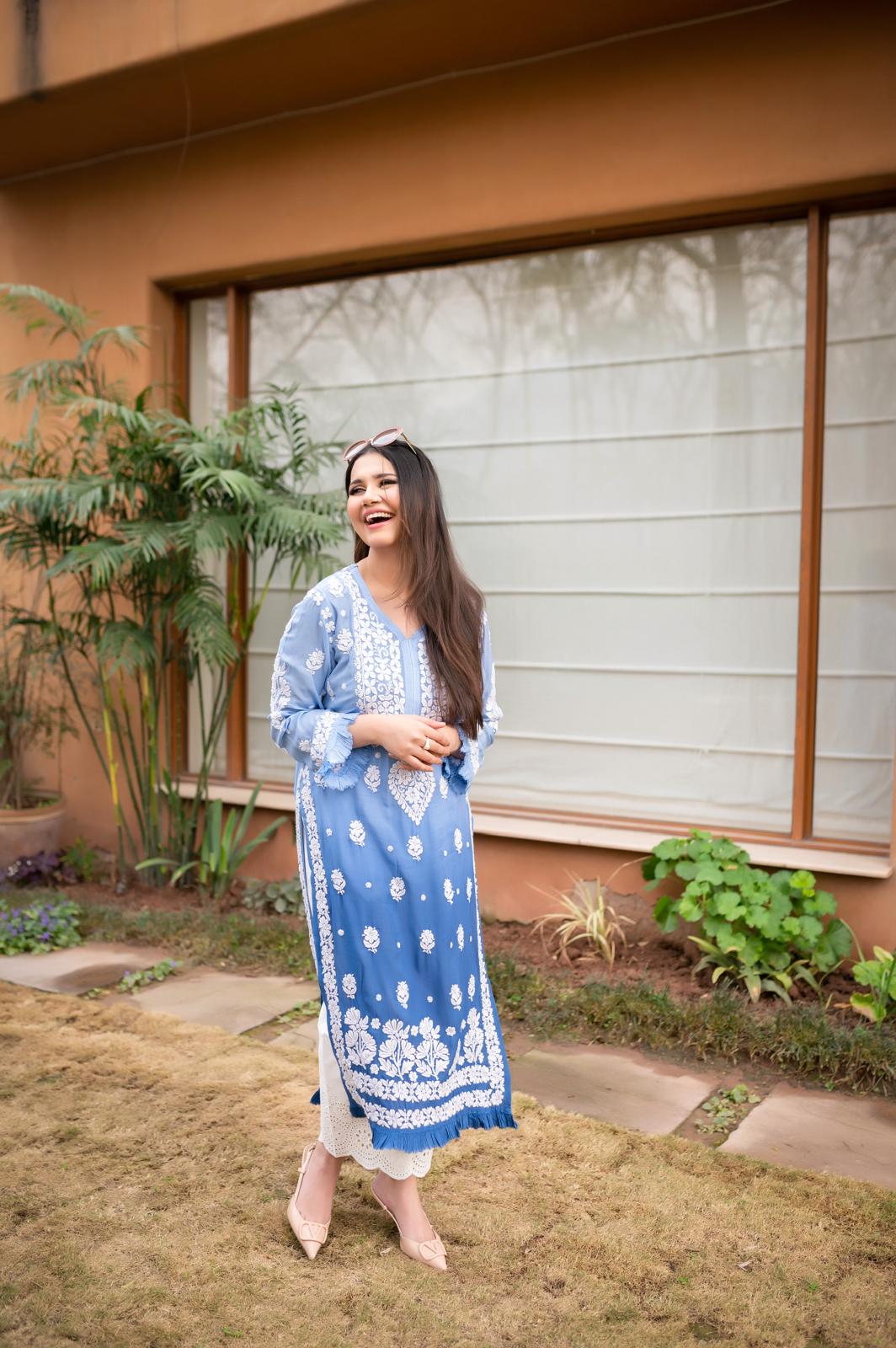 Ombre Blue Chikankari Kurta - MaisonDuModa