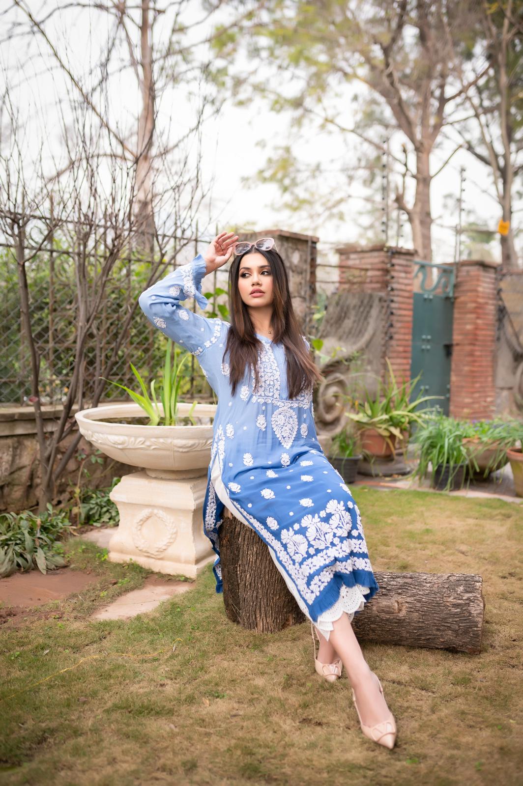 Ombre Blue Chikankari Kurta - MaisonDuModa