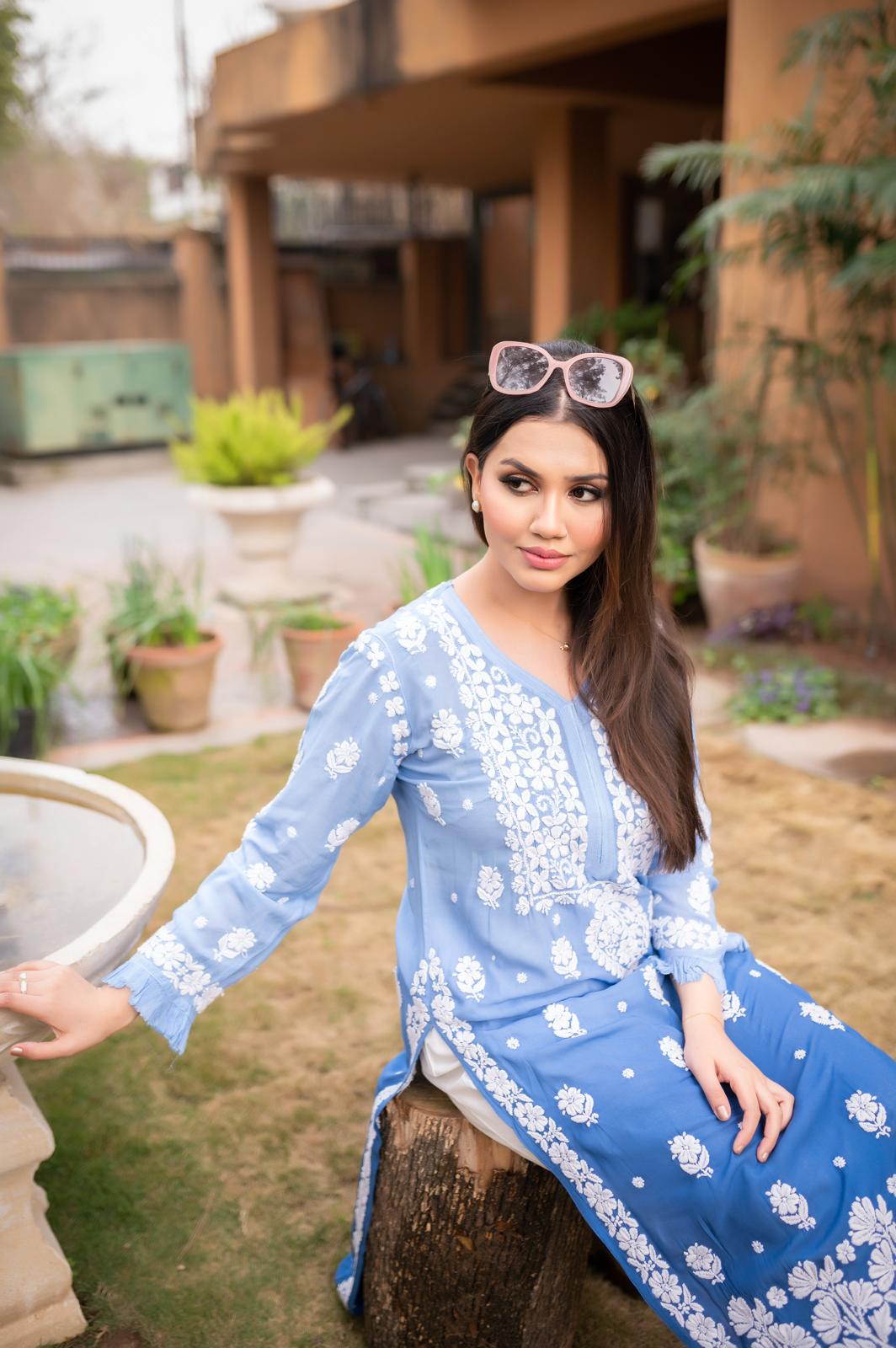 Ombre Blue Chikankari Kurta - MaisonDuModa