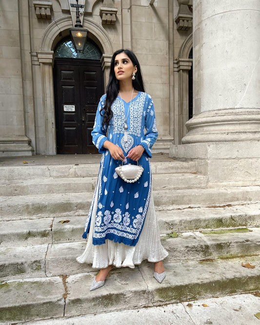 OmbreBlue/Purple Chikankari Kurta with Crush Pants - MaisonDuModa 3 Piece Dress