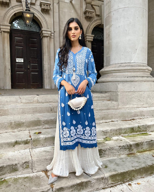 OmbreBlue/Purple Chikankari Kurta with Crush Pants - MaisonDuModa 3 Piece Dress