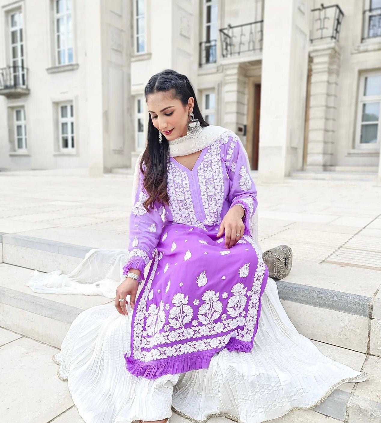 OmbreBlue/Purple Chikankari Kurta with Crush Pants - MaisonDuModa 3 Piece Dress