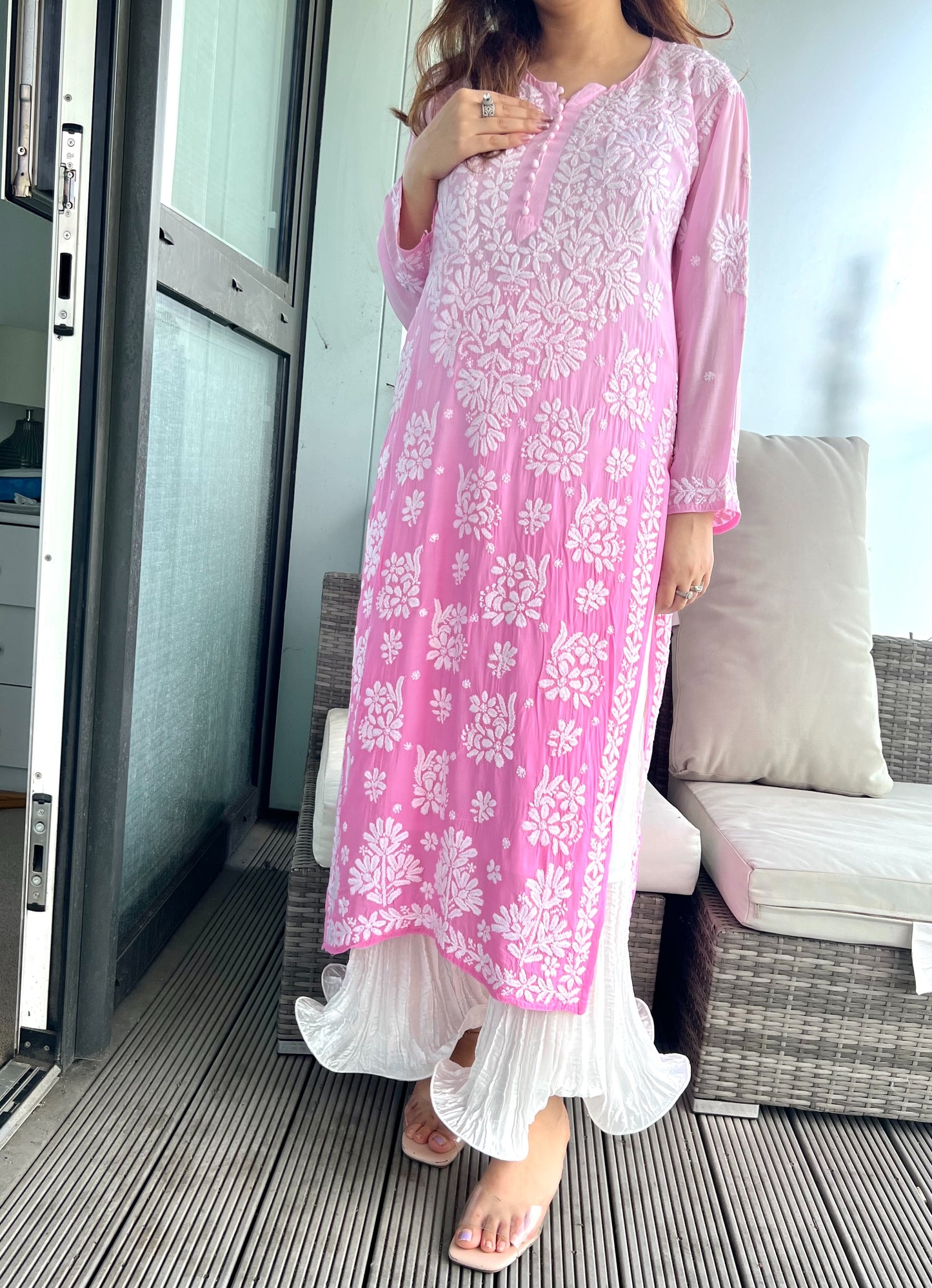 Yellow/Pink Chikankari Kurta - MaisonDuModa 3 Piece Dress