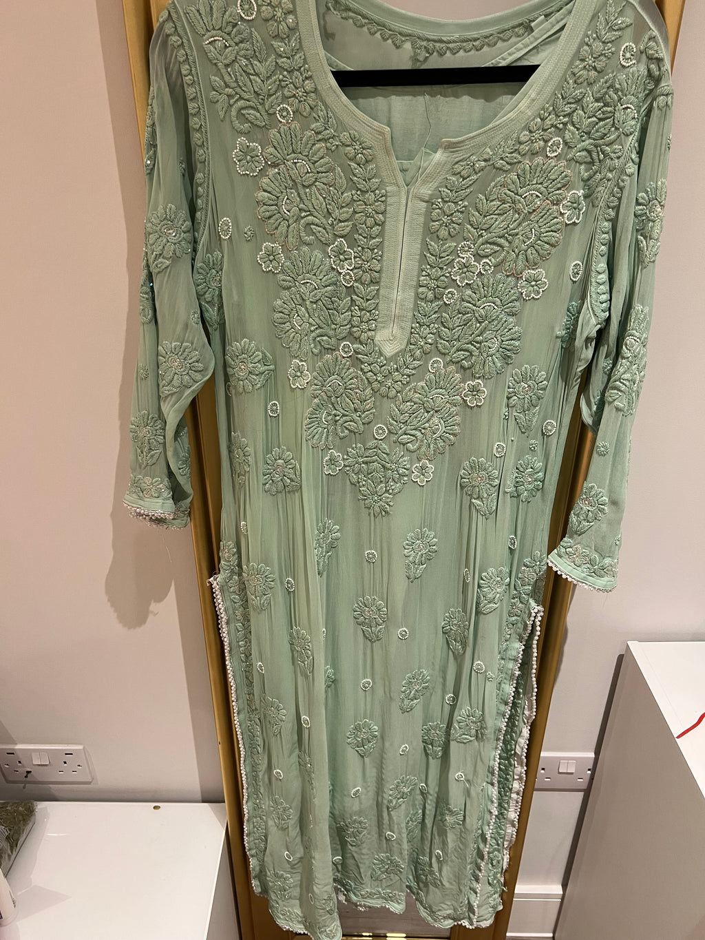 Mint green kurta with pearls and Rhinestones!