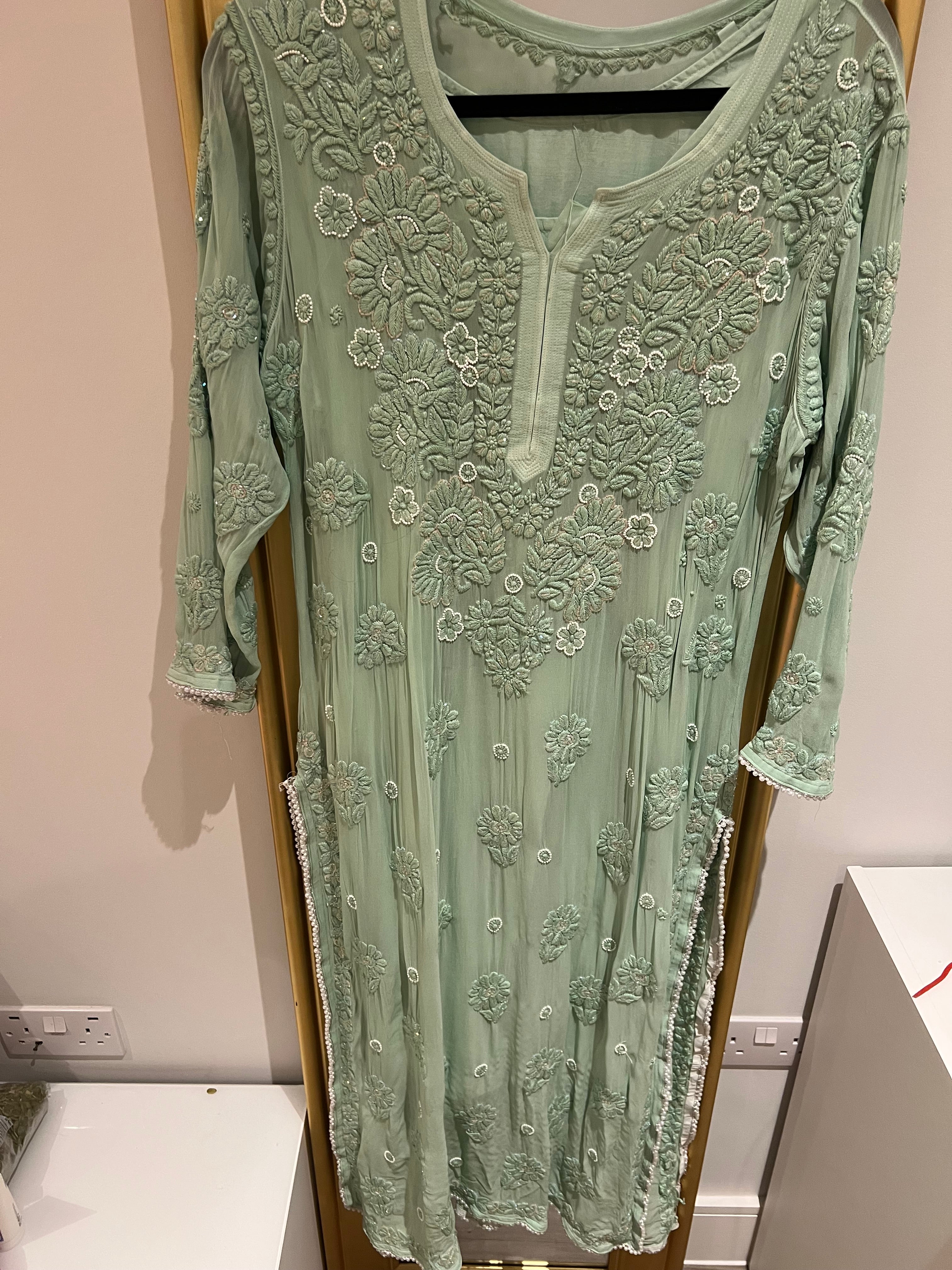Mint green kurta with pearls and Rhinestones!