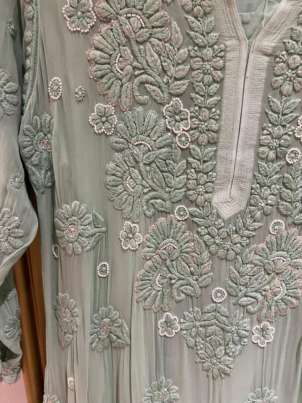 Mint green kurta with pearls and Rhinestones!