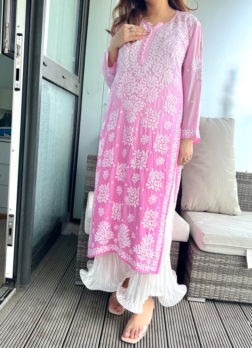 Yellow/Pink Chikankari Kurta - MaisonDuModa 3 Piece Dress