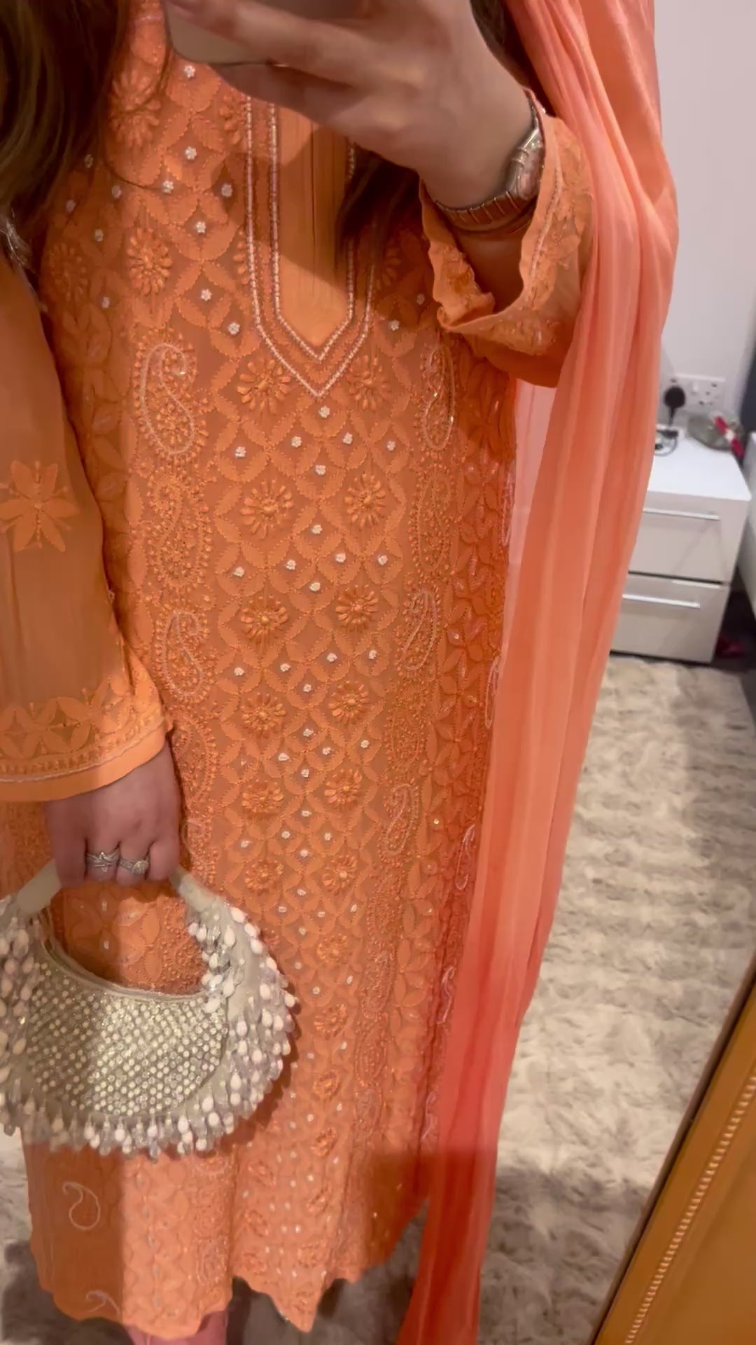 Orange chikankari set with pearls and embelishment